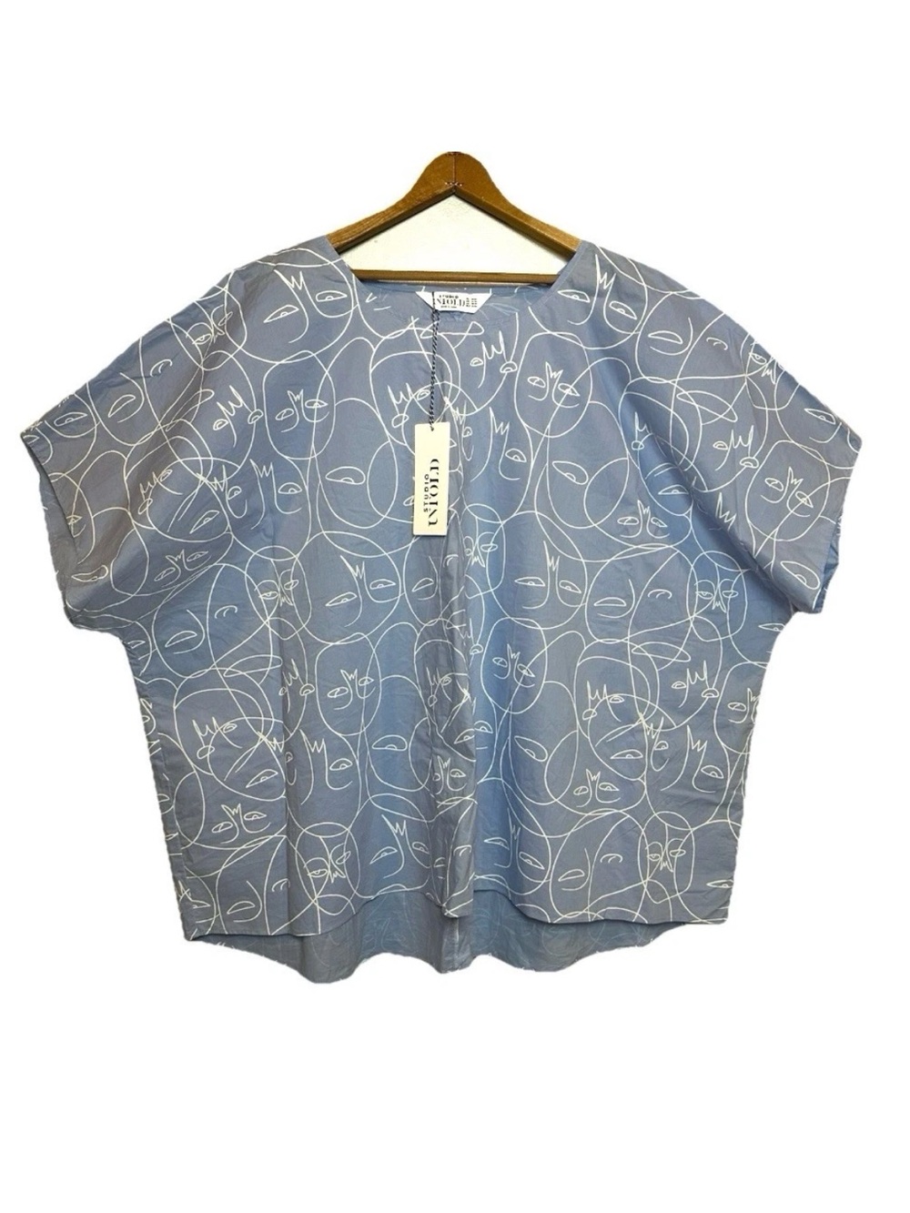 Studio Untold Top Abstract Faces Artsy Blue White Cotton Plus Size 28/30 NWT